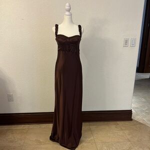 Brown Silk Sleeveless Sweetheart Bustier Maxi Gown Custom Made